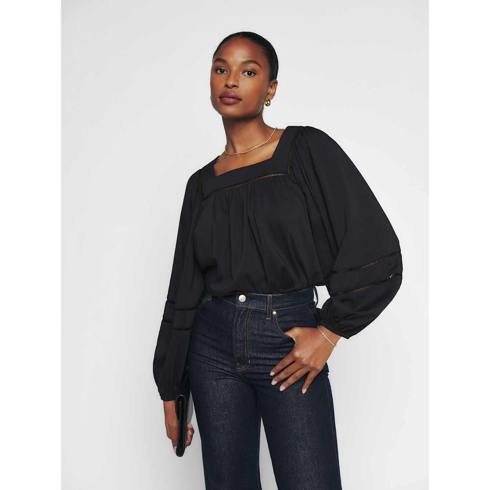Reformation Black Square Neck Long Puff Sleeve Suzanne Boho Blouse Size Large